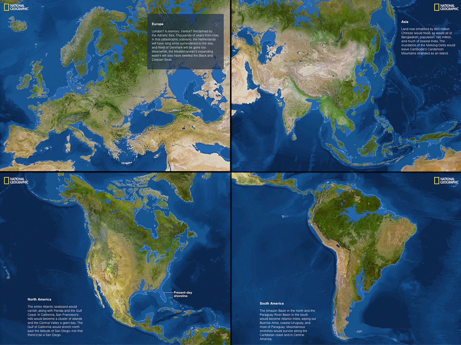 Effets de la montée des eaux sur les continents. Quatre cartes du